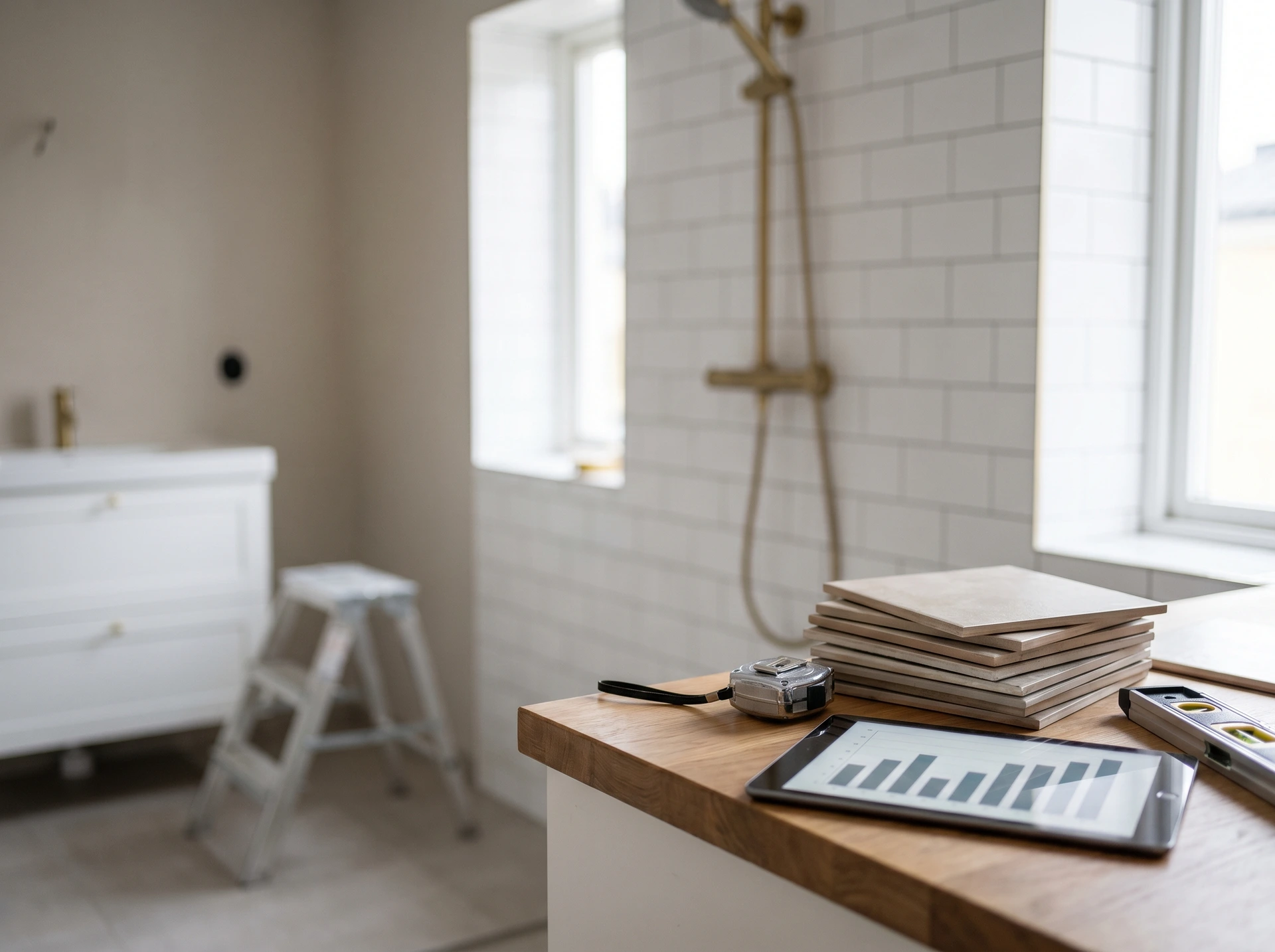 Pågående badrumsrenovering med kakelprover, surfplatta och duschinstallation.