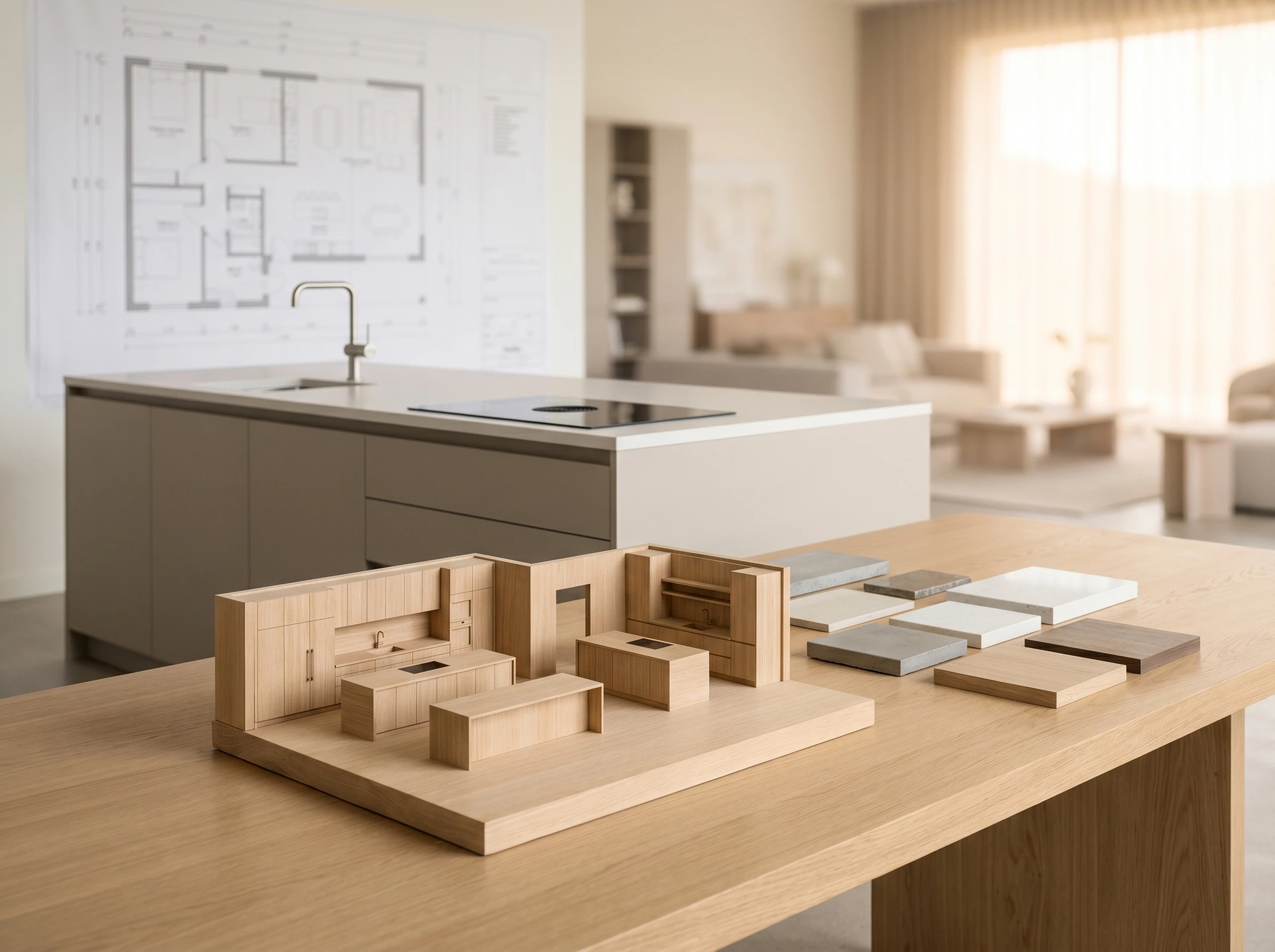 Arkitektonisk trämodell av kök på bord med ritningar i bakgrunden.