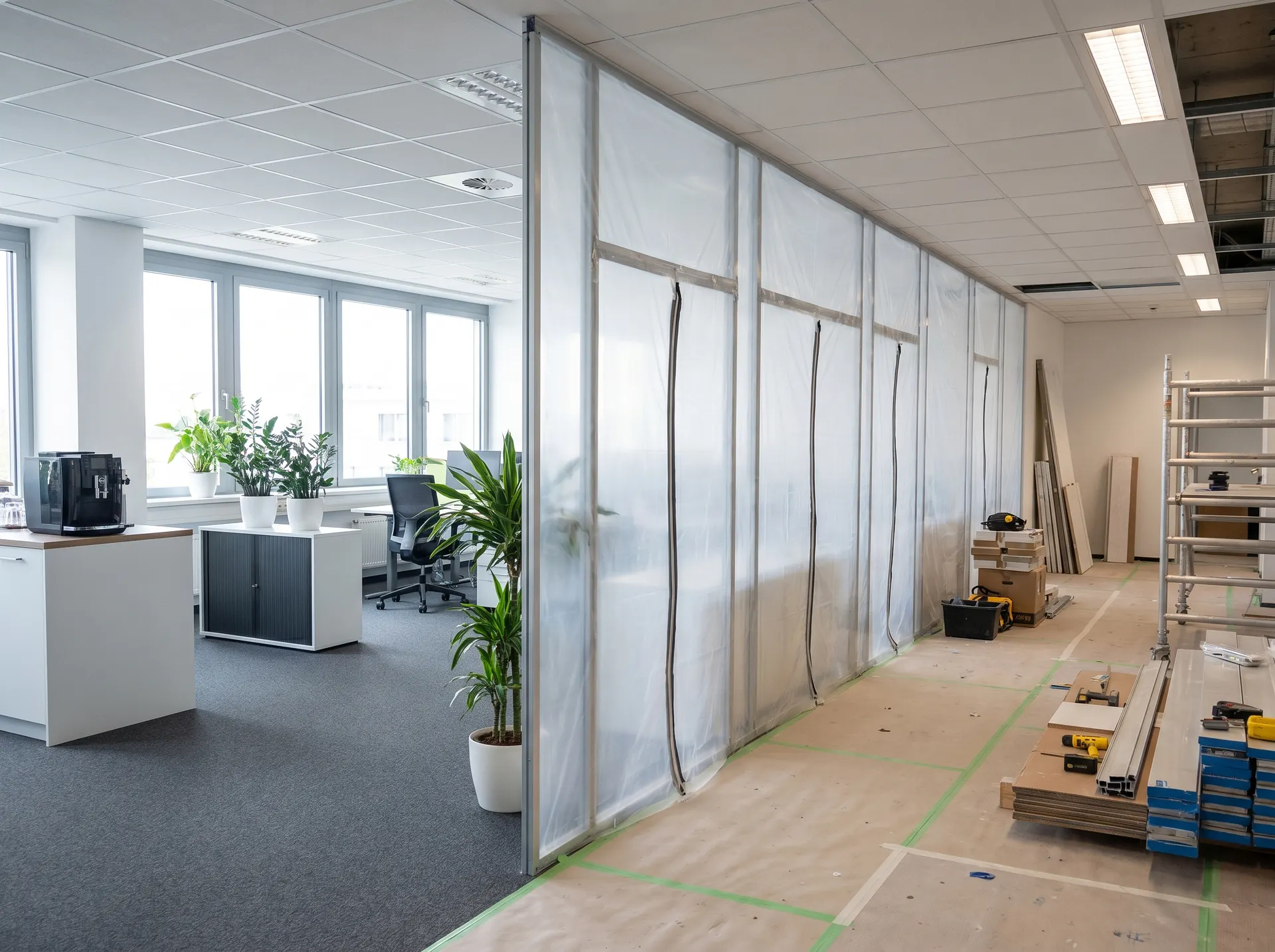 Kontorsrenovering med plastbarriär som separerar arbetsyta från byggarbetsplats.