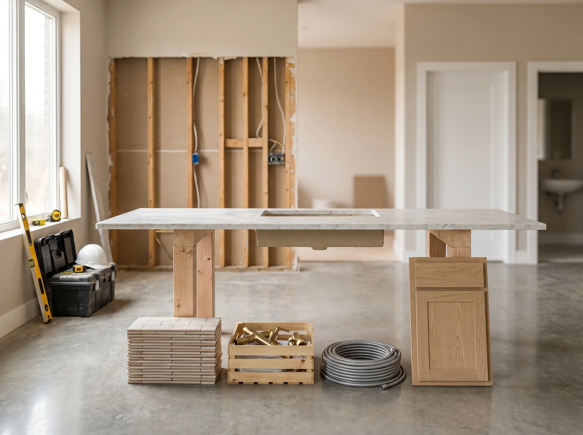 Köksrenovering med marmorskiva, byggmaterial och verktyg på betonggolv.