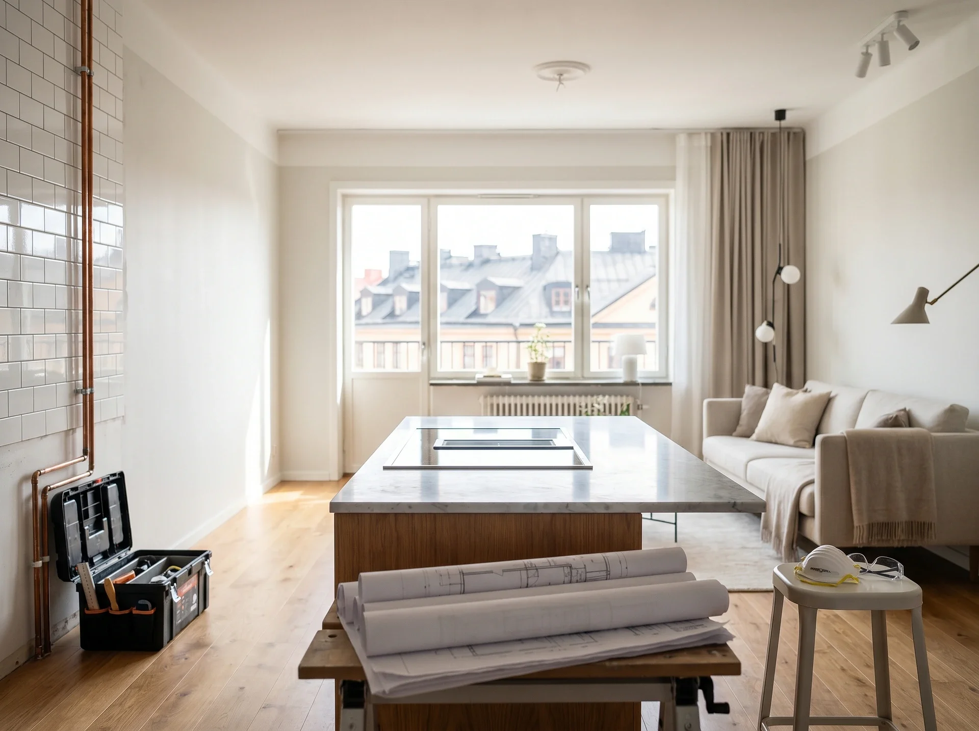 Köksö med marmorbänkskiva under renovering i ljus lägenhet.