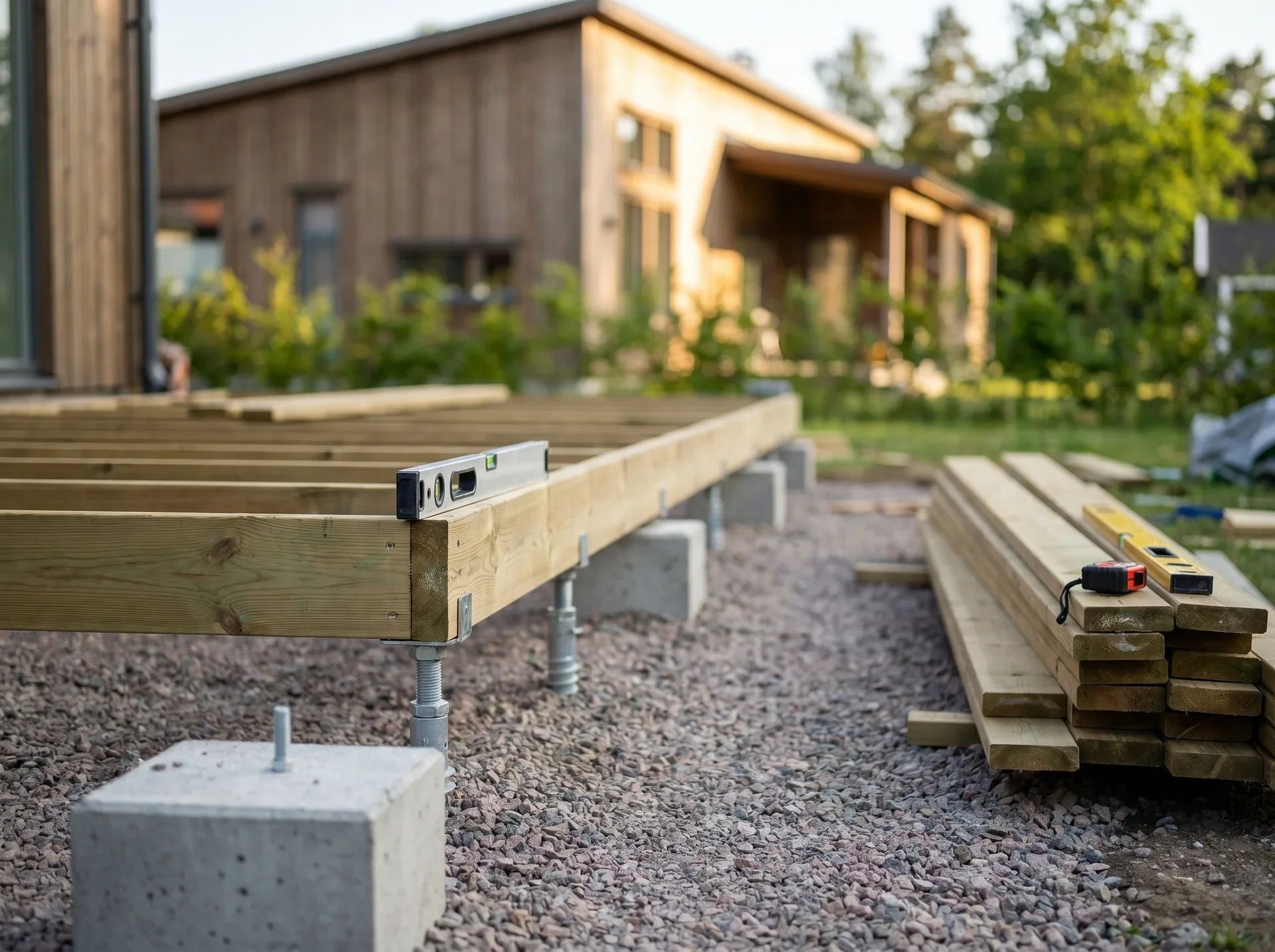 Byggnation av träaltan med betongfundament och verktyg framför trähus.