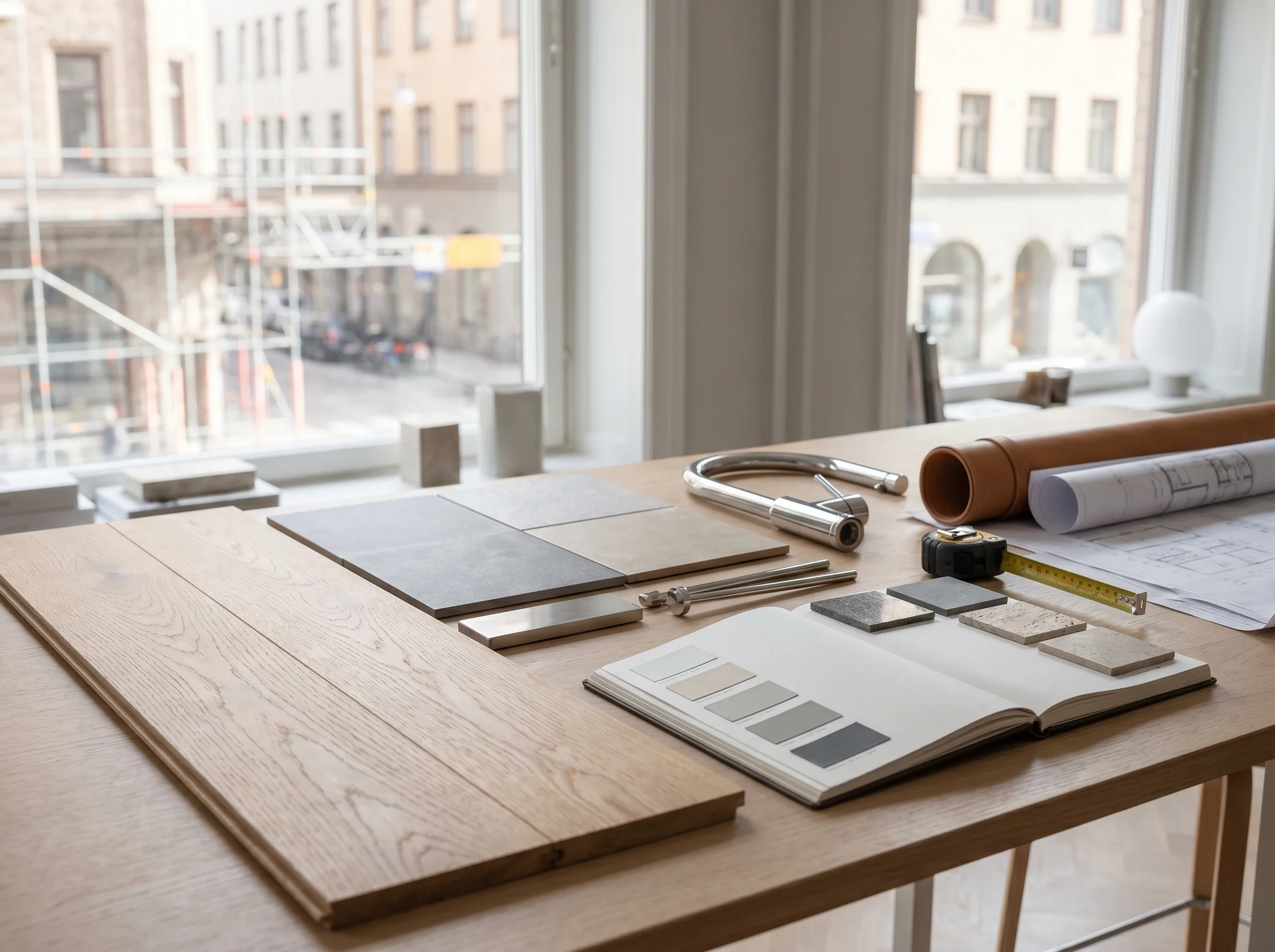 Arkitektbord med materialprover, ritningar, måttband och köksblandare.