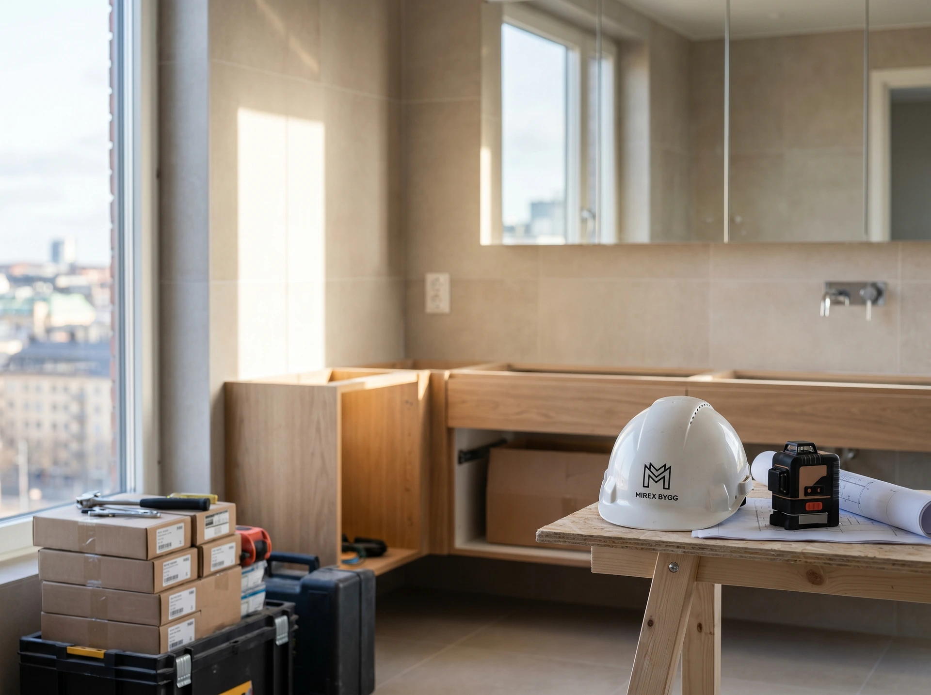 Badrumsrenovering med hjälm märkt Mirex Bygg, verktyg och träskåp.