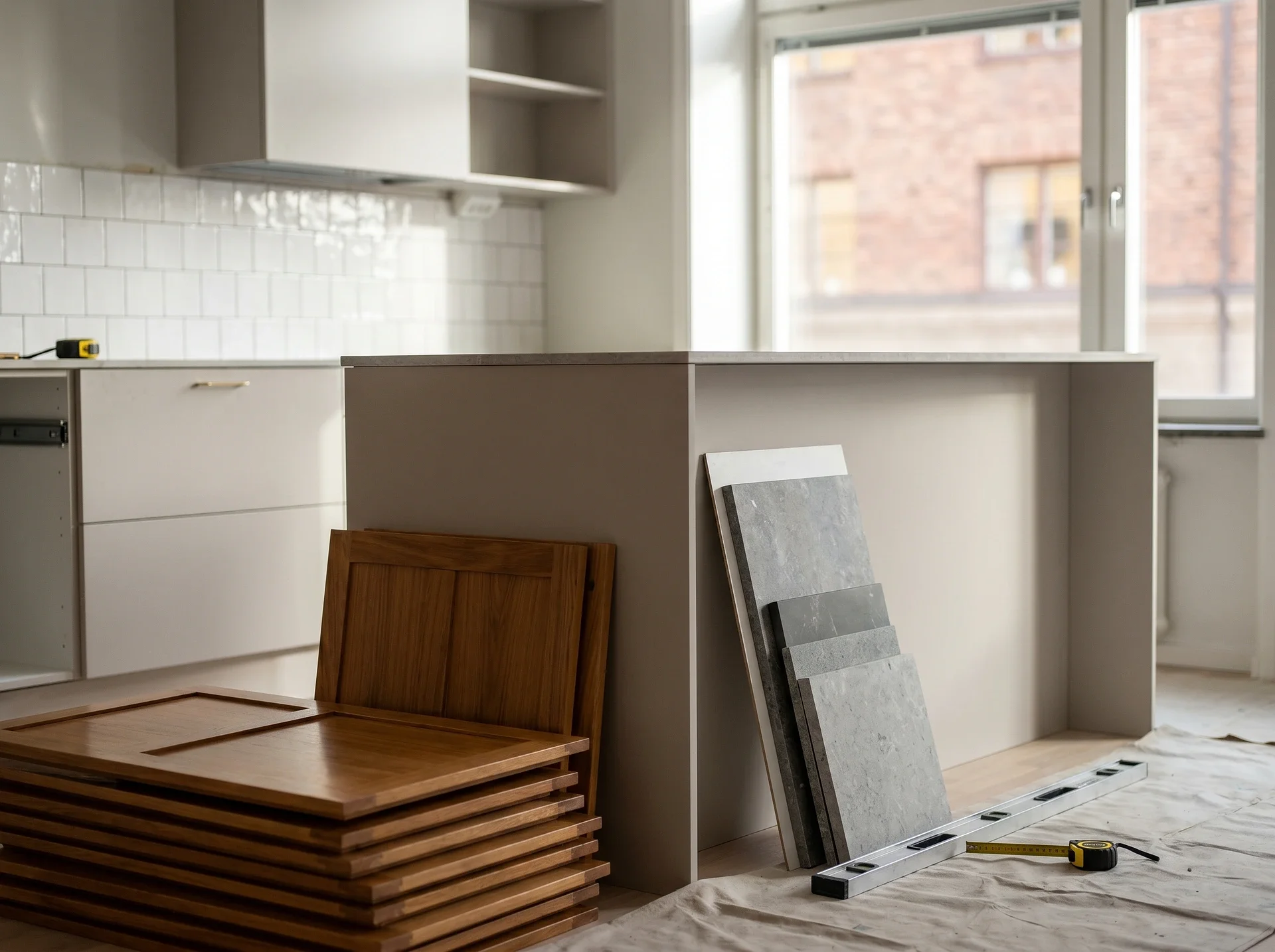 Köksrenovering med träskåpsluckor, stenskivor och mätverktyg på golvet.