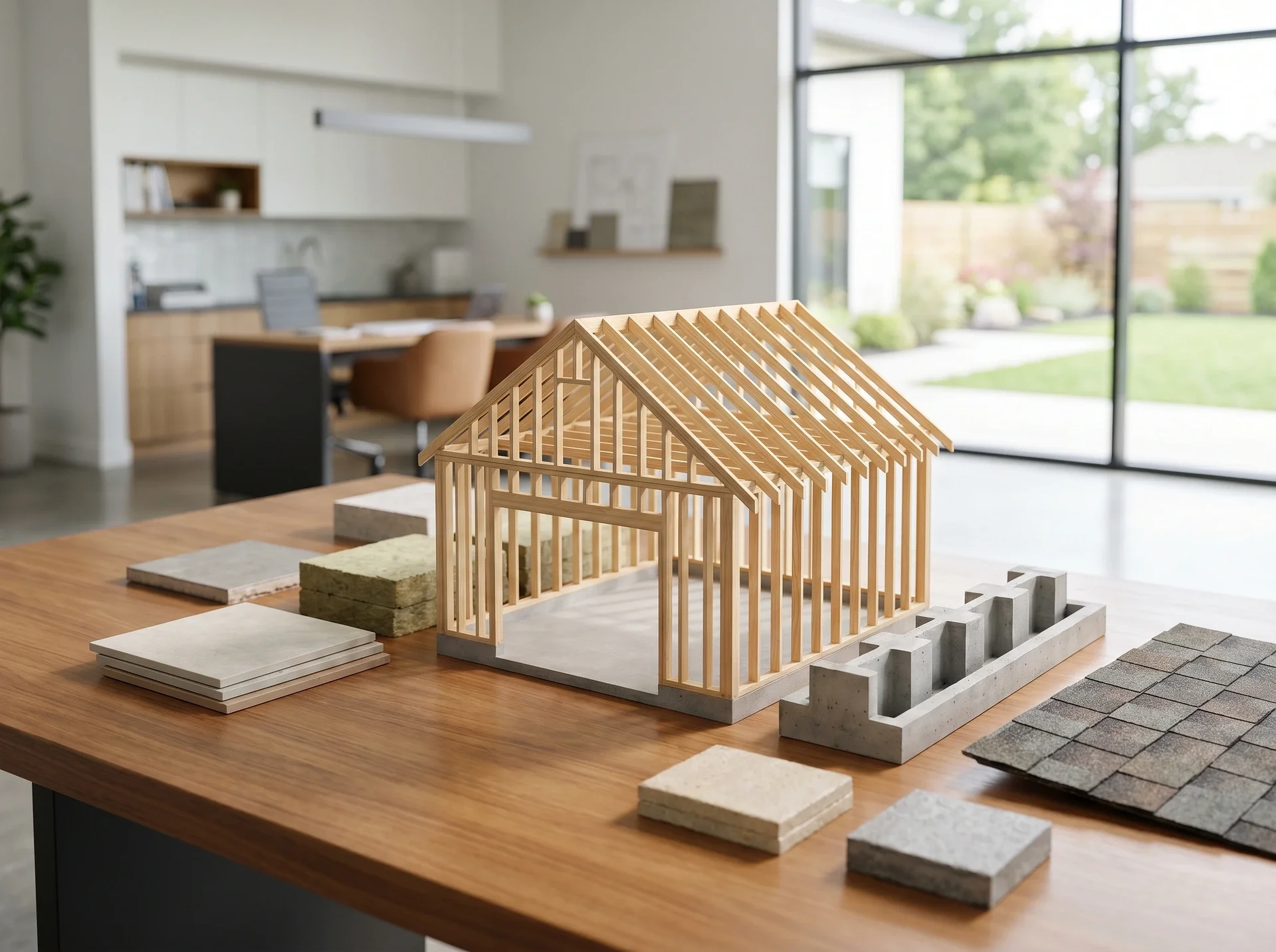 Arkitektonisk husmodell i trä omgiven av byggmaterial på ett bord.